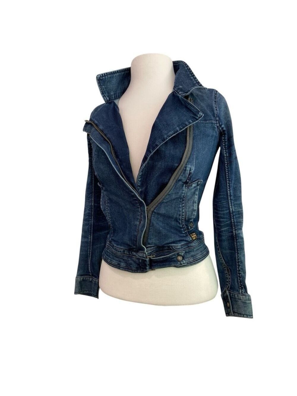 G-Star denim jacket zip front closure pockets stretchy cotton Elgin style XSmall